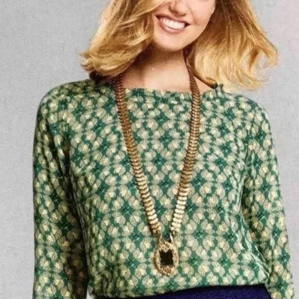 CAbi Style #3069 Jade Green Blouse W Tan Leaf Pattern, Medium